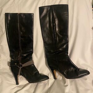 Vintage Black Leather Knee-High Boots with Optional Chain Detail